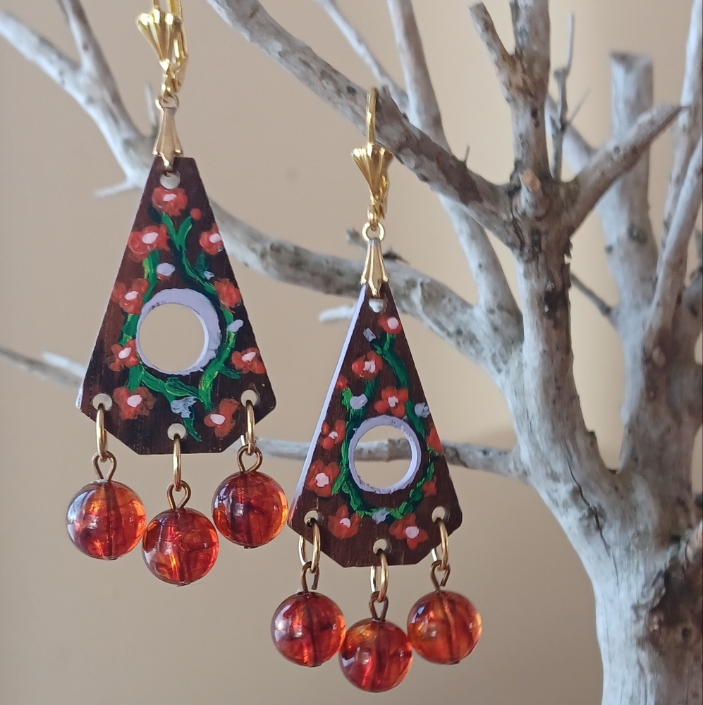 2/$30 Handpainted Repurposed 1970s vintage wood earrings one of a kind